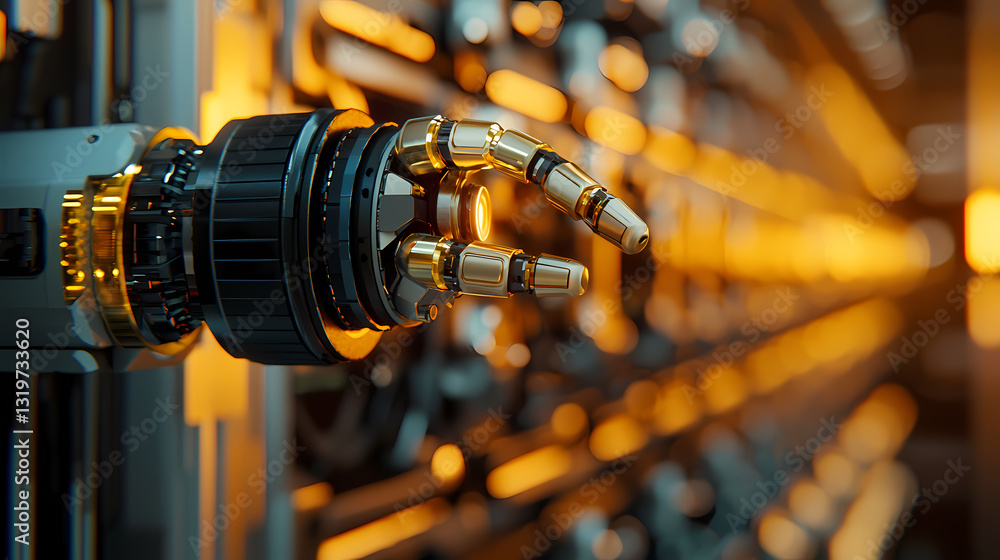 Obraz premium A close-up view of a robotic hand with intricate mechanical details, set against a backdrop of glowing machinery, highlighting advanced technology.