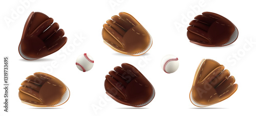 Baseball ball, bat, glove. 3d white softball, vintage player mitt, wood line stick. Logo base equipment illustration. Catch flyer american field sport. Red texture sweepstakes. Vector isolated clipart