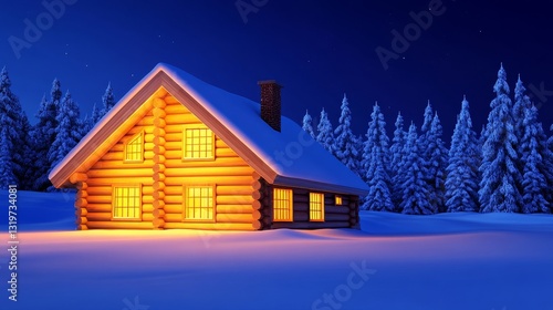Wallpaper Mural Cozy log cabin illuminated at night surrounded by snow-covered pine trees in winter landscape Torontodigital.ca