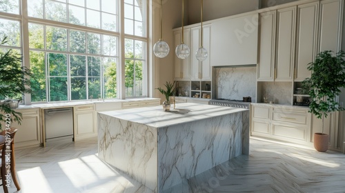 Kitchen island in modern luxurious kitchen interior. Created with Generative AI technology.