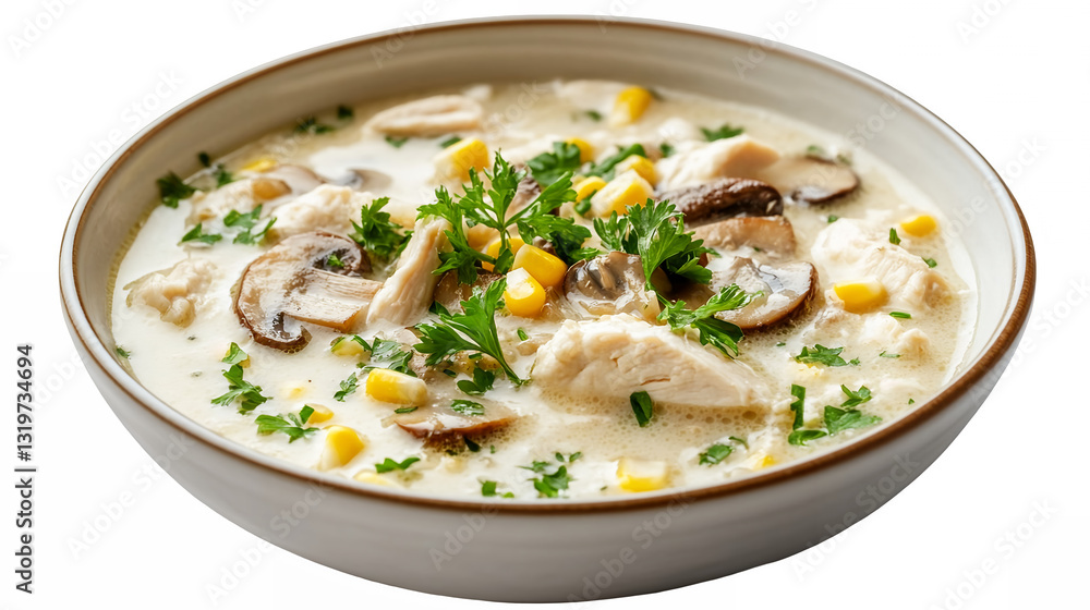 Bowl of creamy chicken mushroom and corn soup with herbs isolated on a transparent background Bowl of creamy chicken mushroom and corn soup with herbs isolated on a transparent background