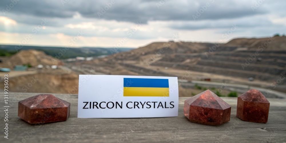 Zircon crystals displayed with Ukrainian flag in a mining area under a cloudy sky