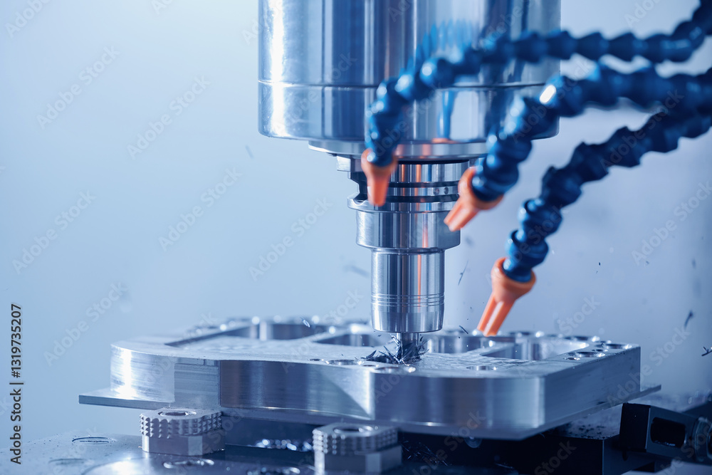 Modern CNC milling machine during operation. Produced cutting metal parts, industry heavy factory Modern CNC milling machine during operation. Produced cutting metal parts, industry heavy factory