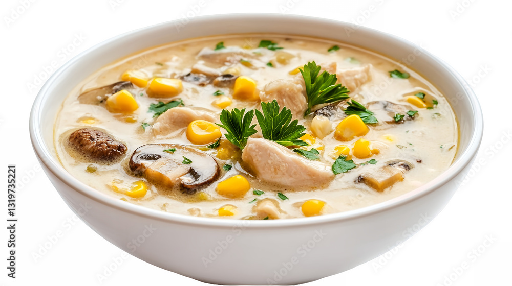 Bowl of creamy chicken mushroom and corn soup with herbs isolated on a transparent background Bowl of creamy chicken mushroom and corn soup with herbs isolated on a transparent background
