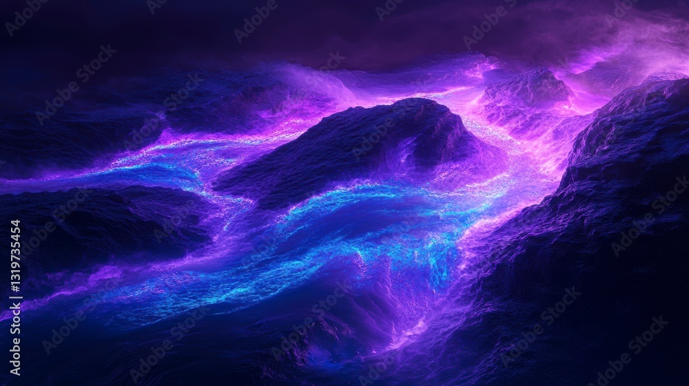 Fototapeta premium Abstract digital landscape, glowing rivers, mountains. Possible use for wallpaper, background