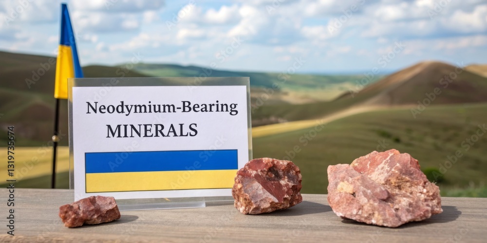 Neodymium-bearing minerals displayed against a beautiful landscape in Ukraine during a sunny day