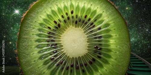 Creative close-up of a kiwi slice with vibrant green color showcasing seeds and texture against a celestial background