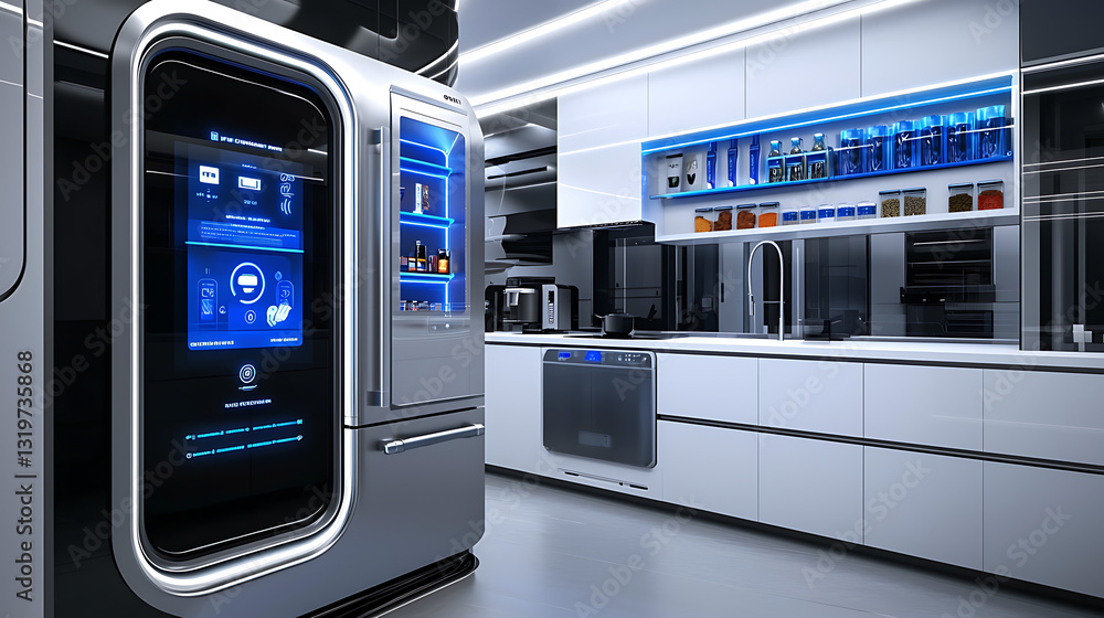 A futuristic kitchen with a refrigerator that has a screen on it. generated using AI A futuristic kitchen with a refrigerator that has a screen on it. generated using AI