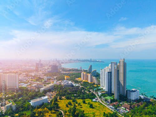 Aerial view daytime panorama of Beach with skyscrapers hotels in Pattaya, Chonburi, Thailand photo