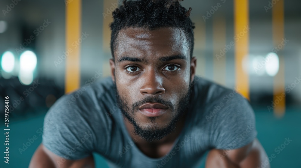 An intense close-up of a focused athlete preparing for a workout portrays determination and inner strength, showcasing the essence of physical fitness and personal growth. An intense close-up of a focused athlete preparing for a workout portrays determination and inner strength, showcasing the essence of physical fitness and personal growth.