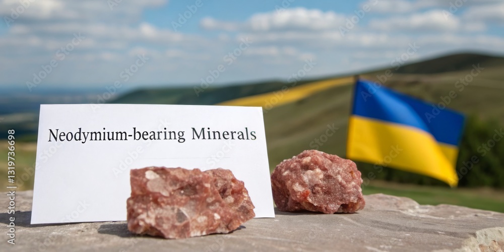 Neodymium-bearing minerals displayed in front of Ukrainian flag on a sunny day in a mountainous landscape