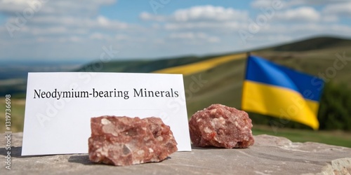 Neodymium-bearing minerals displayed in front of Ukrainian flag on a sunny day in a mountainous landscape