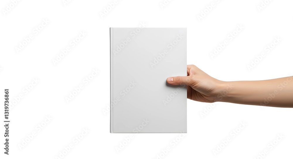 Hand holding a blank book cover against a white background Hand holding a blank book cover against a white background