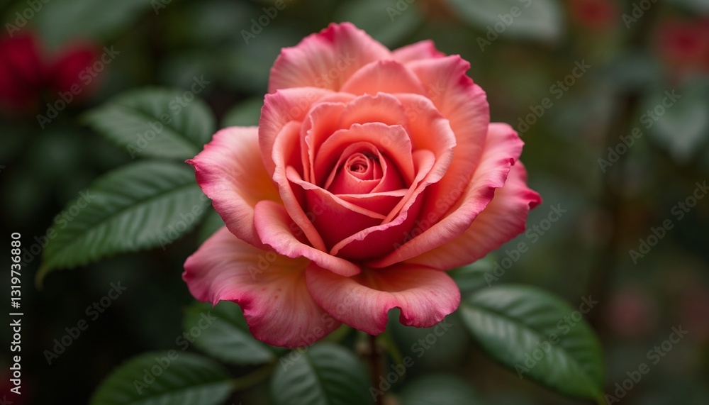 Beautiful close-up of a pink rose with green leaves in a natural garden setting Beautiful close-up of a pink rose with green leaves in a natural garden setting