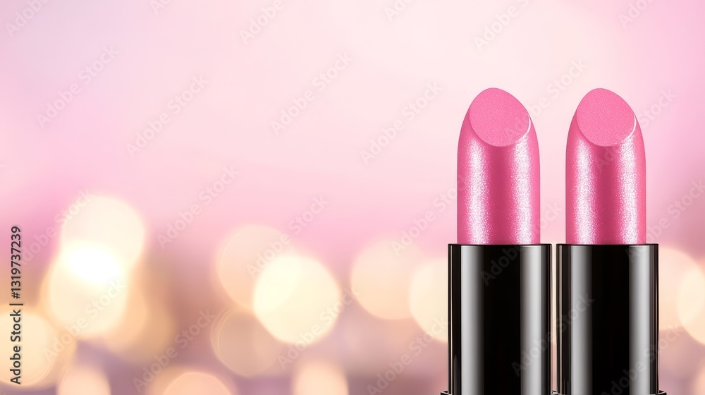 Close-up of two pink lipsticks against a soft-focus background with bokeh light Close-up of two pink lipsticks against a soft-focus background with bokeh light
