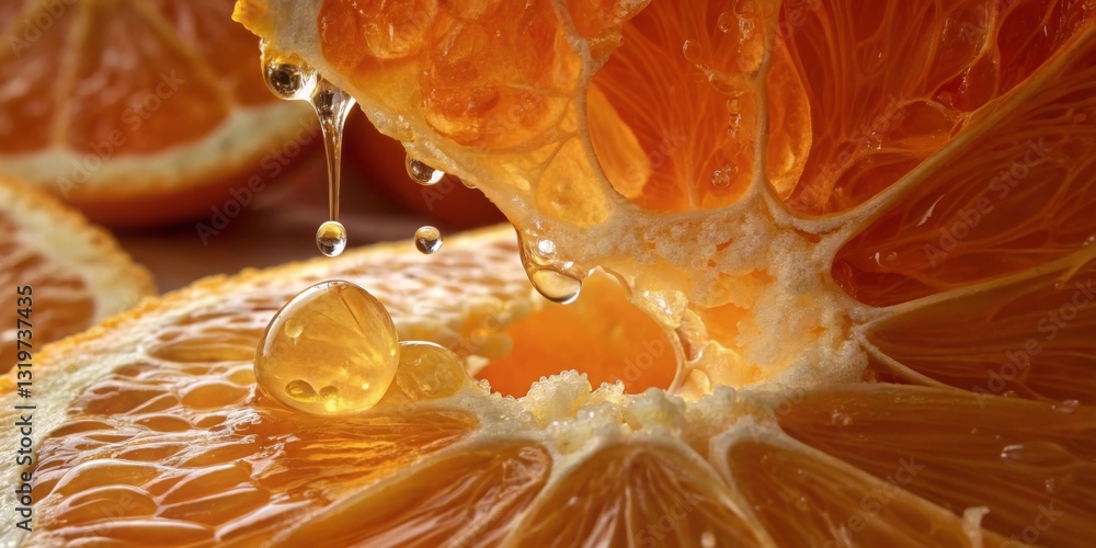 Freshly sliced orange reveals juicy flesh and sparkling drops of citrus nectar on a wooden surface