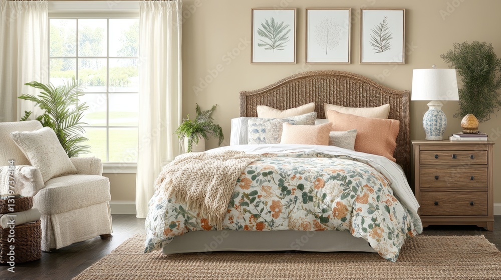 Fototapeta premium Boho-chic bedroom featuring warm beige walls, woven textiles, and neutral earth-toned decor.