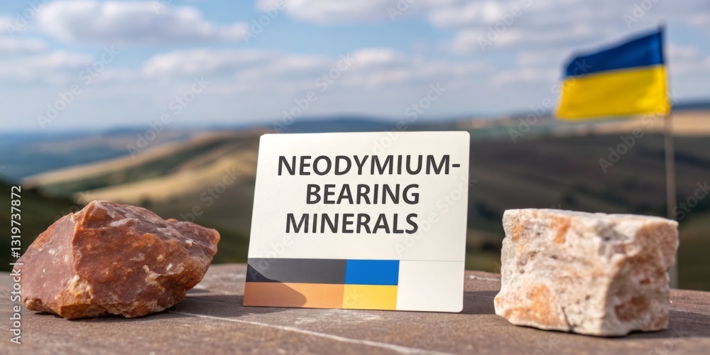 Neodymium-bearing minerals displayed in a natural landscape with a Ukrainian flag in the background on a sunny day