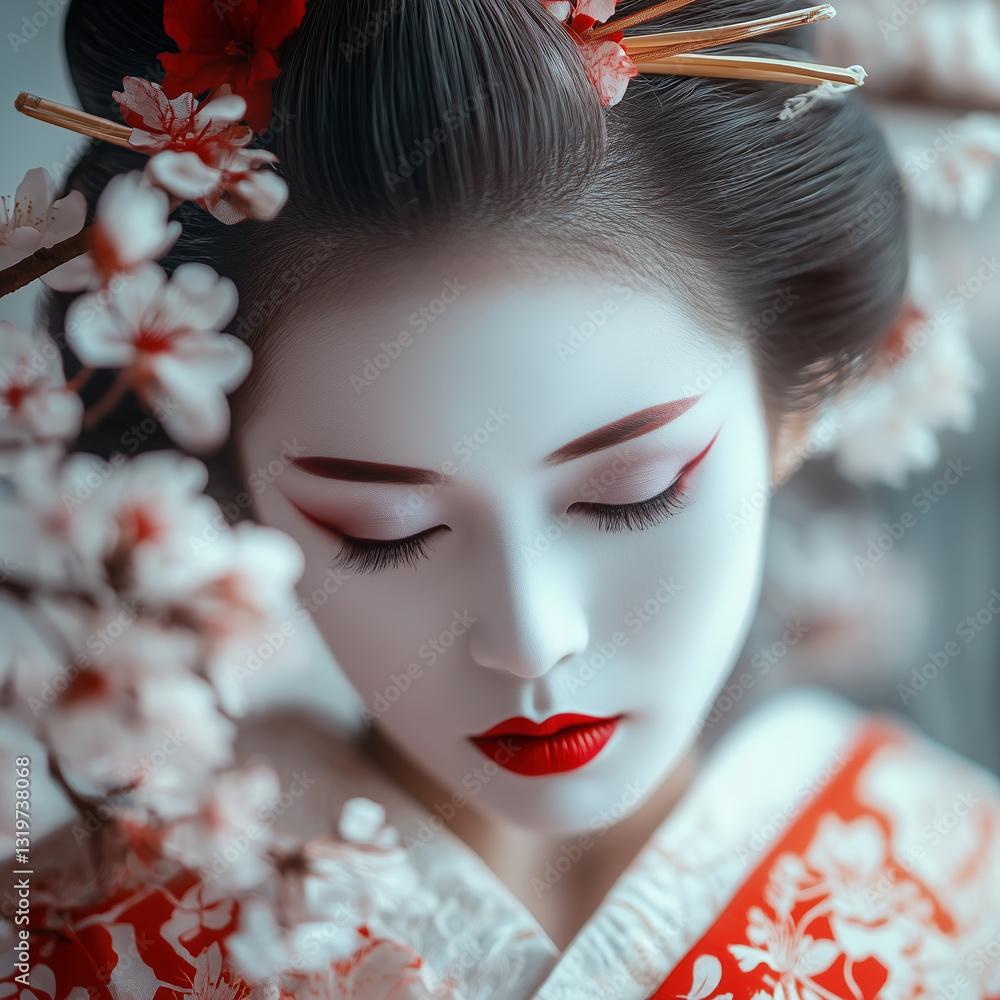 A serene geisha with closed eyes, framed by delicate cherry blossoms. The traditional kimono and refined makeup capture timeless Japanese elegance and beauty. A serene geisha with closed eyes, framed by delicate cherry blossoms. The traditional kimono and refined makeup capture timeless Japanese elegance and beauty.