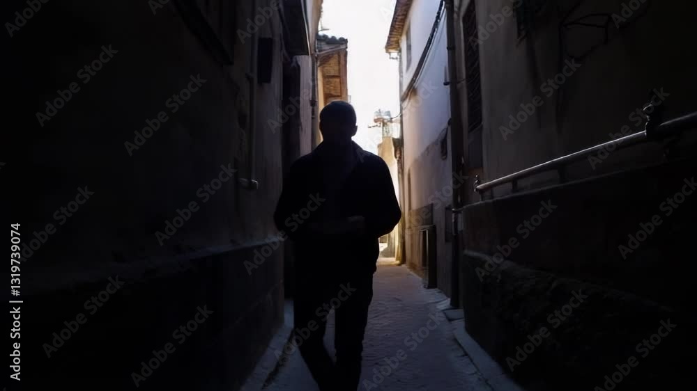 Silhouette of Man Walking in Narrow Alley at Sunset. Video. Vertical.