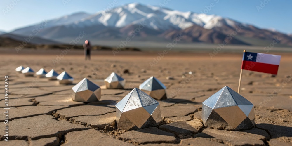 Silver pyramids aligned in arid landscape with snow-capped mountains in the background during bright daylight in Chile