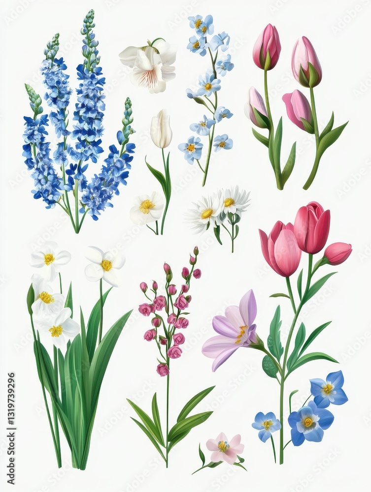Obraz premium Spring Illustration Elements with Flowers and Plants.
