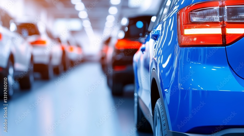 A row of modern cars in a well-lit parking garage, showcasing vibrant color and sleek designs A row of modern cars in a well-lit parking garage, showcasing vibrant color and sleek designs