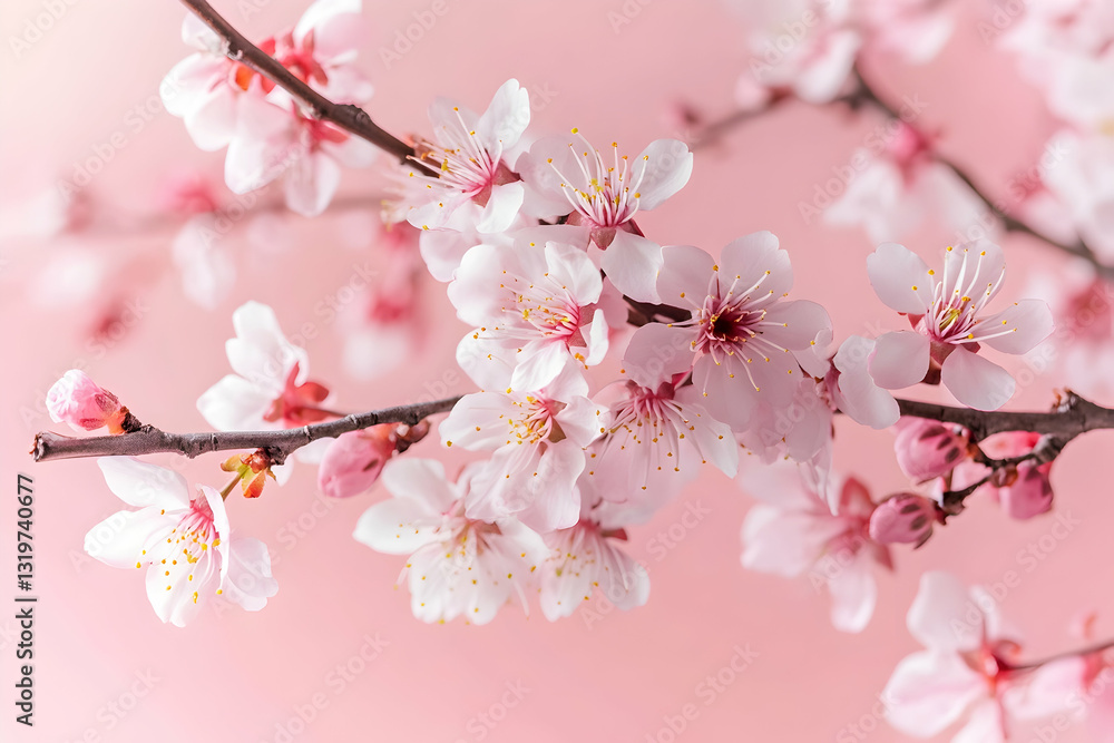 Delicate cherry blossoms in full bloom against a soft pink background, representing seasonal elegance Delicate cherry blossoms in full bloom against a soft pink background, representing seasonal elegance