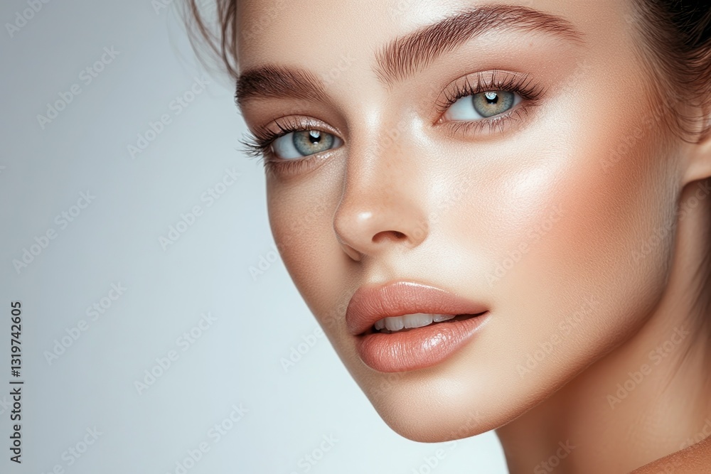 Fototapeta premium Elegant beauty portrait showcasing flawless skin and captivating eyes in a studio setting