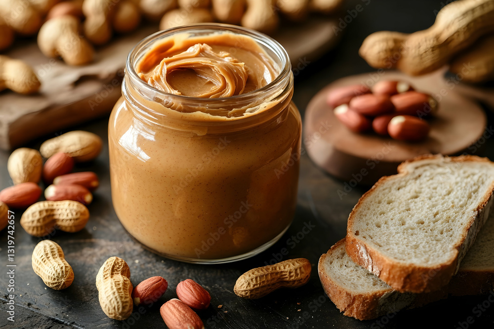 Creamy peanut butter in a glass jar, surrounded by fresh peanuts and a slice of bread Creamy peanut butter in a glass jar, surrounded by fresh peanuts and a slice of bread