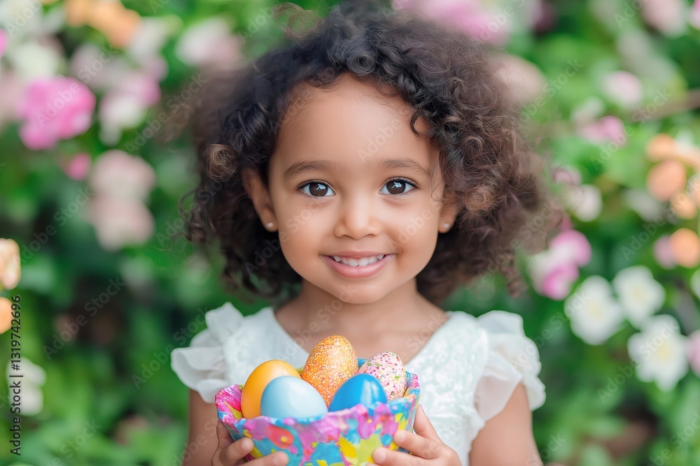 Smiling girl holding colorful easter eggs in a garden. Generative ai illustrations Smiling girl holding colorful easter eggs in a garden. Generative ai illustrations