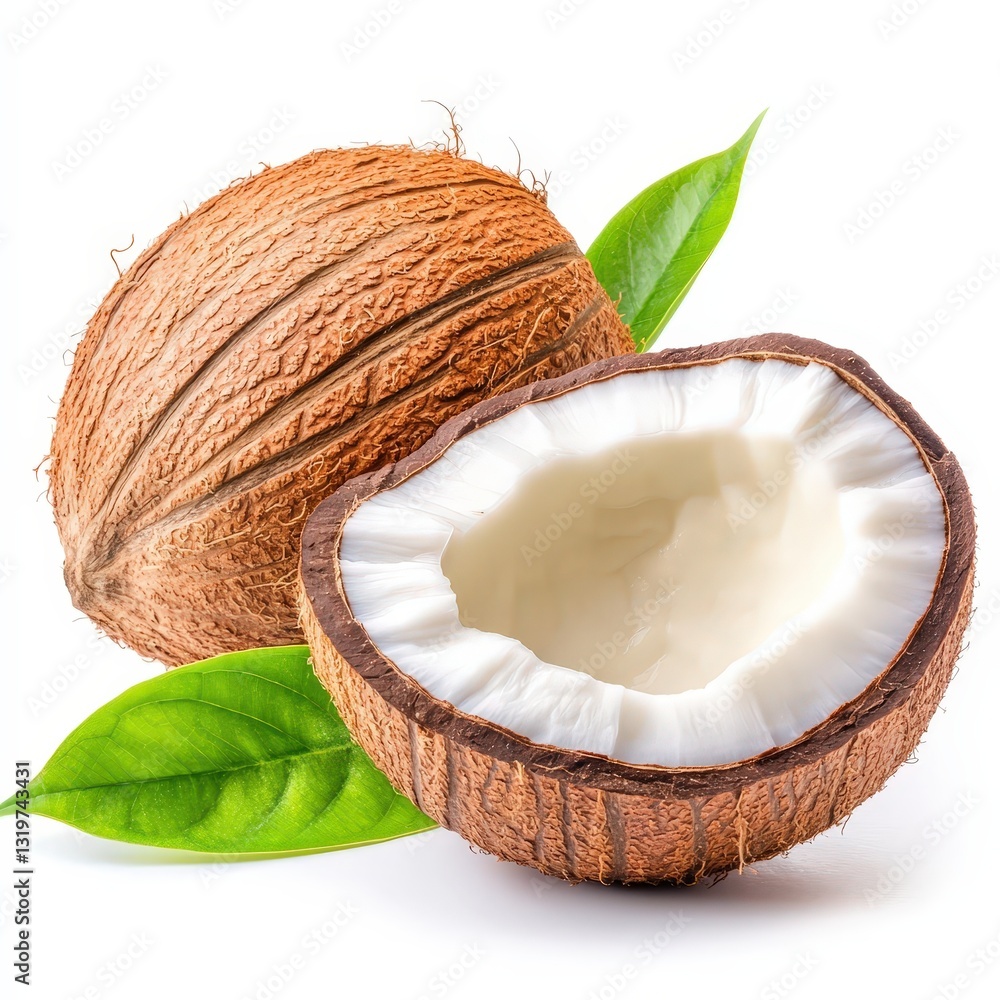 Twin Coconut Delight: Whole and Split Coconuts Against Green Leaves - Discover the Exotic Tropical Fruit in Healthy Desserts and Vegan Cuisine Twin Coconut Delight: Whole and Split Coconuts Against Green Leaves - Discover the Exotic Tropical Fruit in Healthy Desserts and Vegan Cuisine