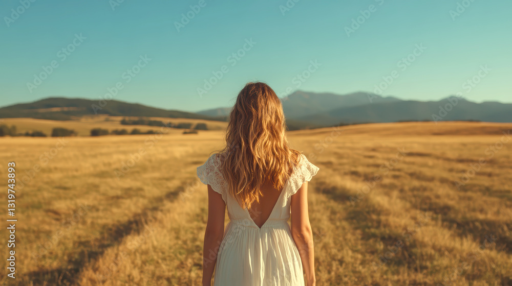 Woman Walking on Golden Field Under Clear Blue Sky with Mountains Woman Walking on Golden Field Under Clear Blue Sky with Mountains