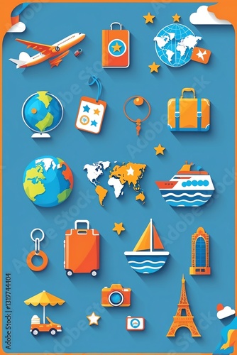 Travel Icons Collection with Airplane, Globe, Suitcase, Cruise and Landmarks