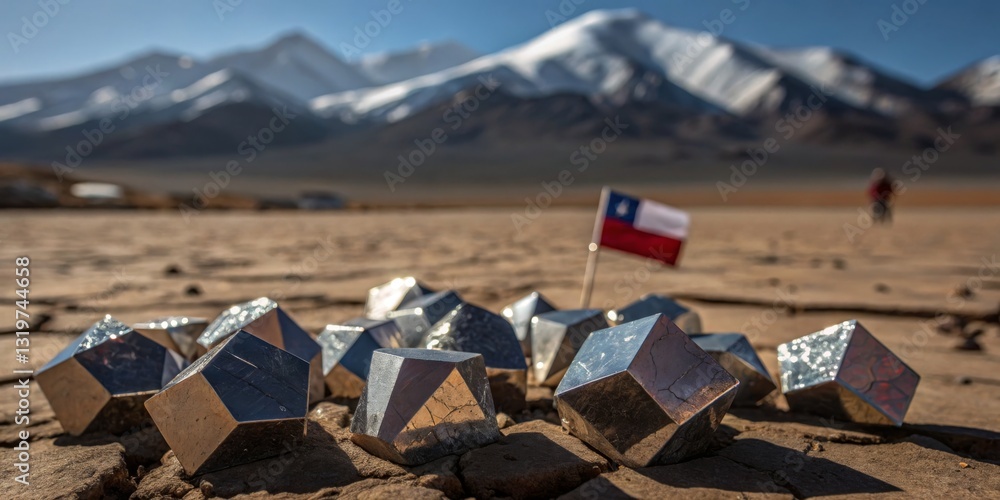 Sparkling geometric shapes on a cracked desert landscape with Andes mountains in the background during daylight in Chile