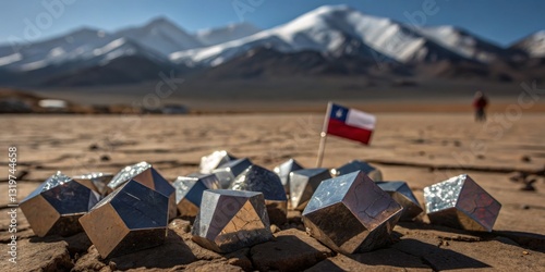 Obraz na płótnie Sparkling geometric shapes on a cracked desert landscape with Andes mountains in the background during daylight in Chile w salonie