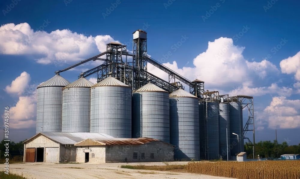 Metal silos rise against the blue sky at an industrial facility Metal silos rise against the blue sky at an industrial facility