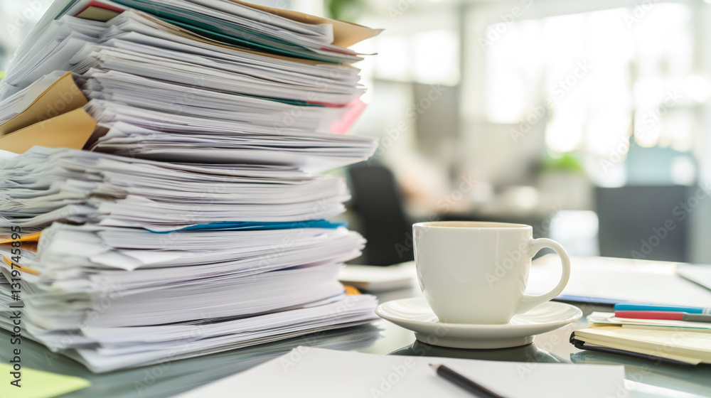 Naklejka premium Large stack of documents and cup of coffee on accountant's desk in office