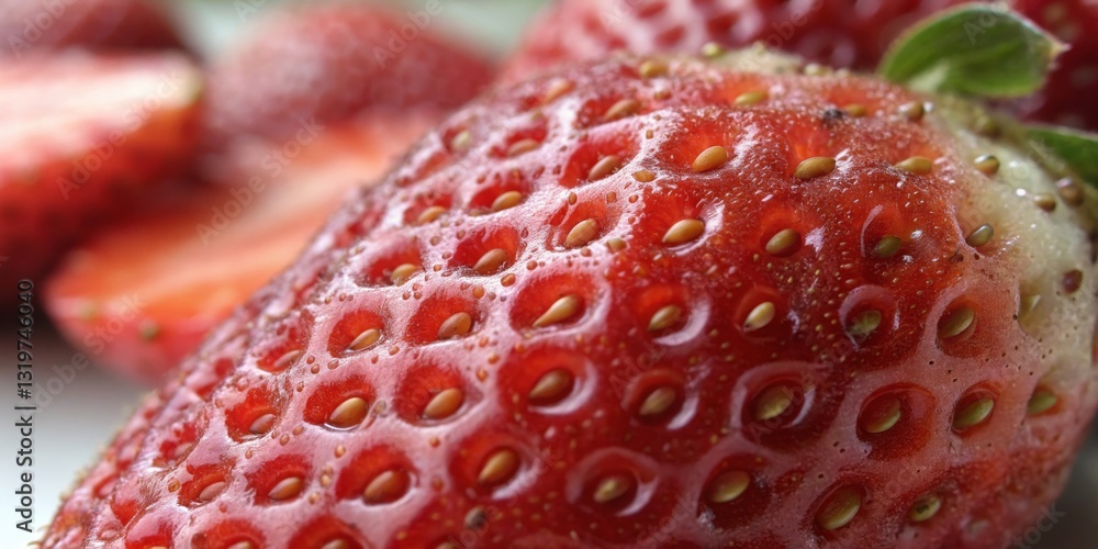 Bright red strawberries close up showcasing their texture and freshness in a natural setting during summer