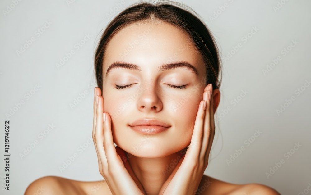 A young woman with clear skin gently touches her face with both hands, eyes closed in relaxation. This image represents skincare, beauty, and self-care routines for a healthy complexion. A young woman with clear skin gently touches her face with both hands, eyes closed in relaxation. This image represents skincare, beauty, and self-care routines for a healthy complexion.