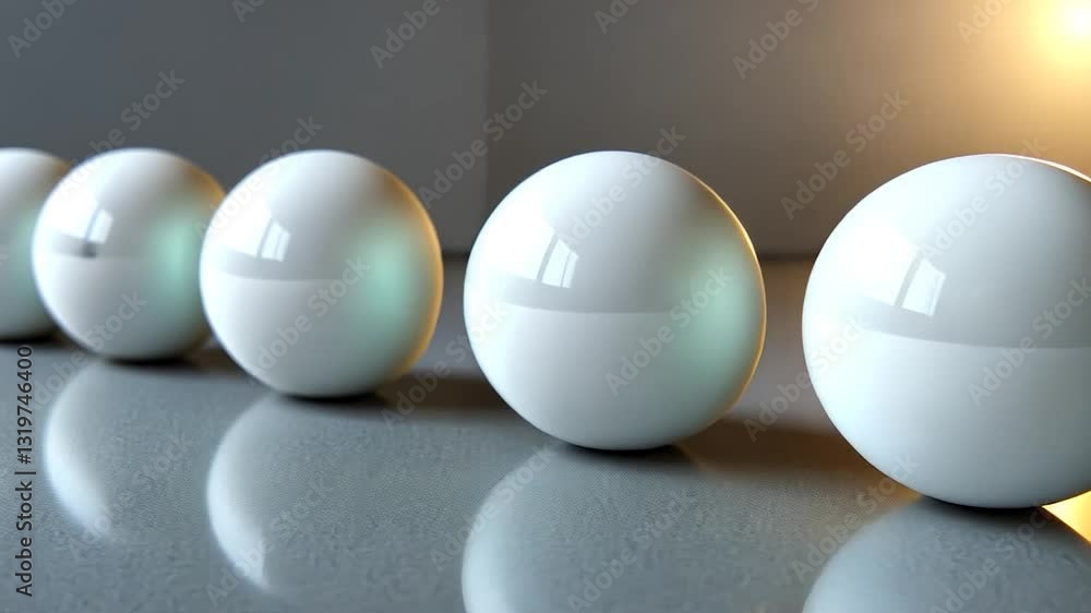 A row of glossy spheres reflecting light on a smooth surface A row of glossy spheres reflecting light on a smooth surface