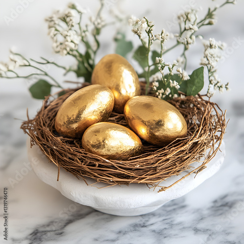Wallpaper Mural Decorative golden eggs arranged in a nest with flowers on a marble surface during a spring celebration Torontodigital.ca