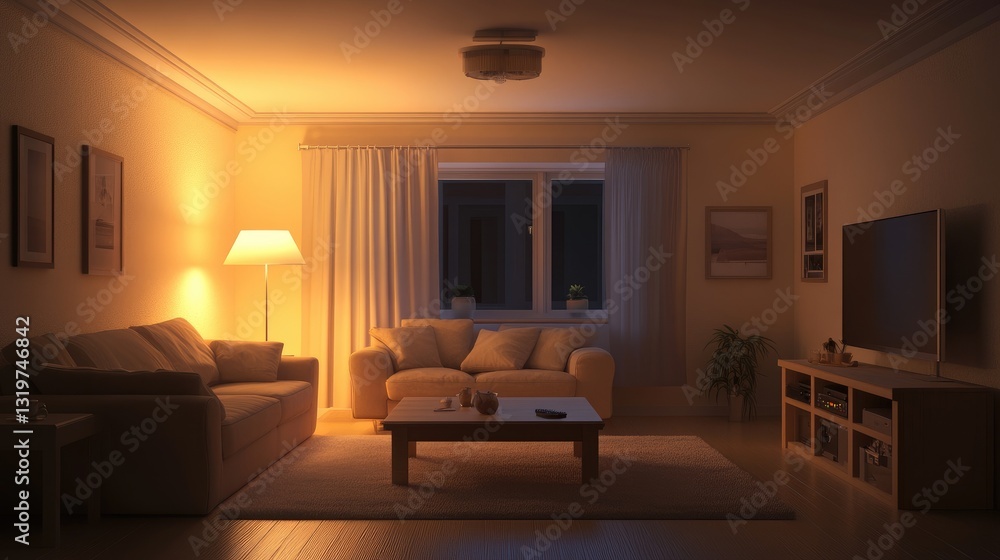 Fototapeta premium Minimalist living room with warm earth tones, a cozy beige sofa, wooden coffee table, and soft lighting.