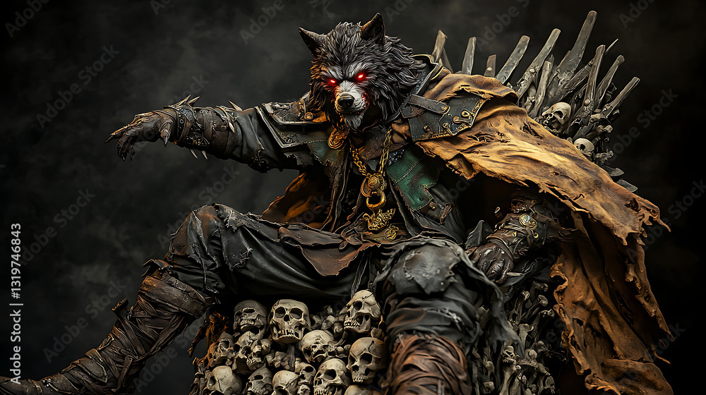 Fototapeta premium A man in a costume with a wolf mask sits on a pile of skulls. generated using AI