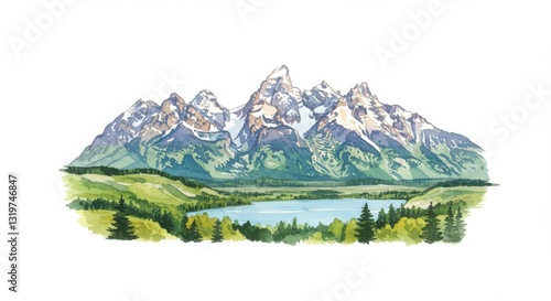 Grand Teton National Park Wyoming Landscape Clipart - A beautiful representation of the Grand Teton National Park featuring majestic mountains, serene lake, lush greenery, and vibrant trees