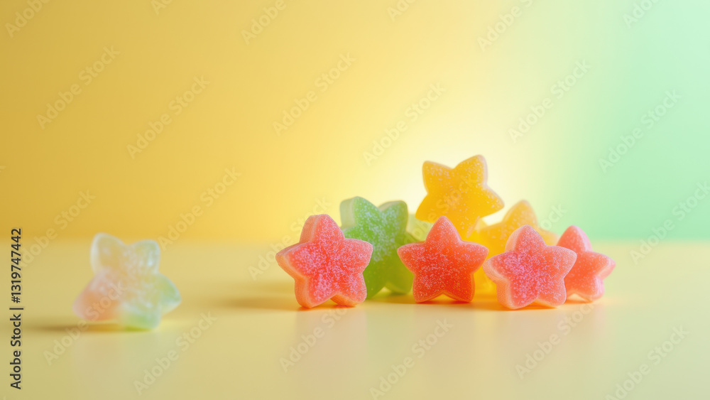 A close-up photo of colorful star-shaped candies that are dye free, set against a blurred yellow background. A close-up photo of colorful star-shaped candies that are dye free, set against a blurred yellow background.