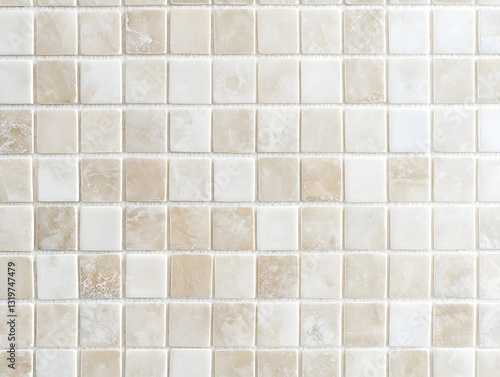 Interior design featuring beige mosaic tile wall with a subtle texture in a modern setting