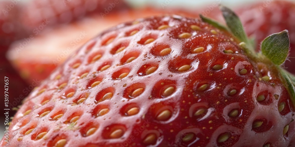 Freshly picked strawberries glistening in sunlight, showcasing vibrant red color and textured surface in close-up detail