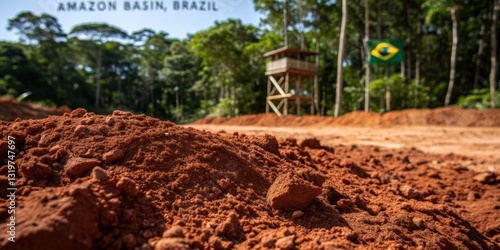 Dusty ground in the Amazon Basin with a watchtower and Brazilian flag in the background