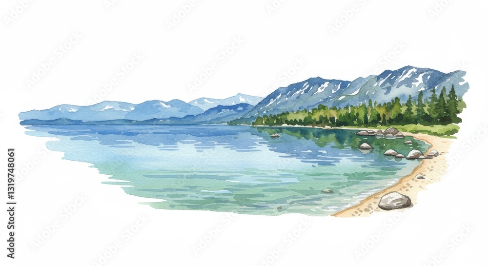 Naklejka premium Watercolor Scenic View of Lake Tahoe with Mountains and Beach - This watercolor artwork captures the tranquility of Lake Tahoe with mountains, clear water, sandy beach, peaceful nature